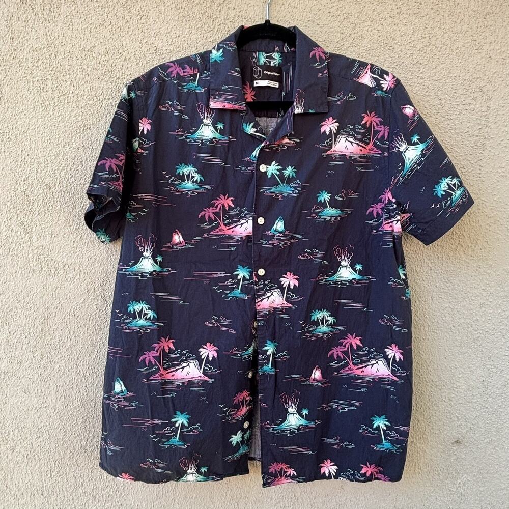 Hawaiian Print Button Up Shirt Mens Vibrant Print Tropical Palm Tree Casual